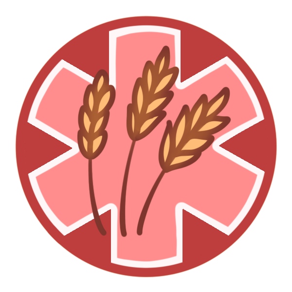 a red circle with a large medical alert asterisk inside it, and three heads of wheat pictured in the center.